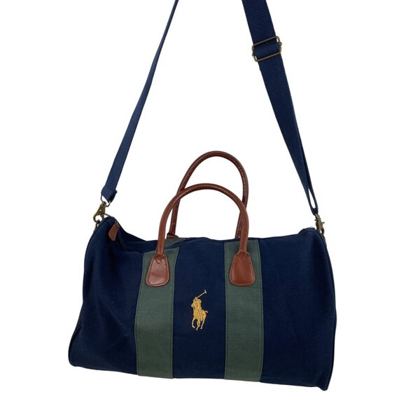 Ralph Lauren Polo Canvas Duffle Bag Leather Accents Adjustable Strap Navy Green - Picture 2 of 14